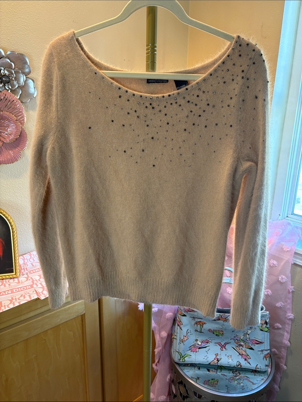 Moda International Tan Beaded Scoop Neck Sweater